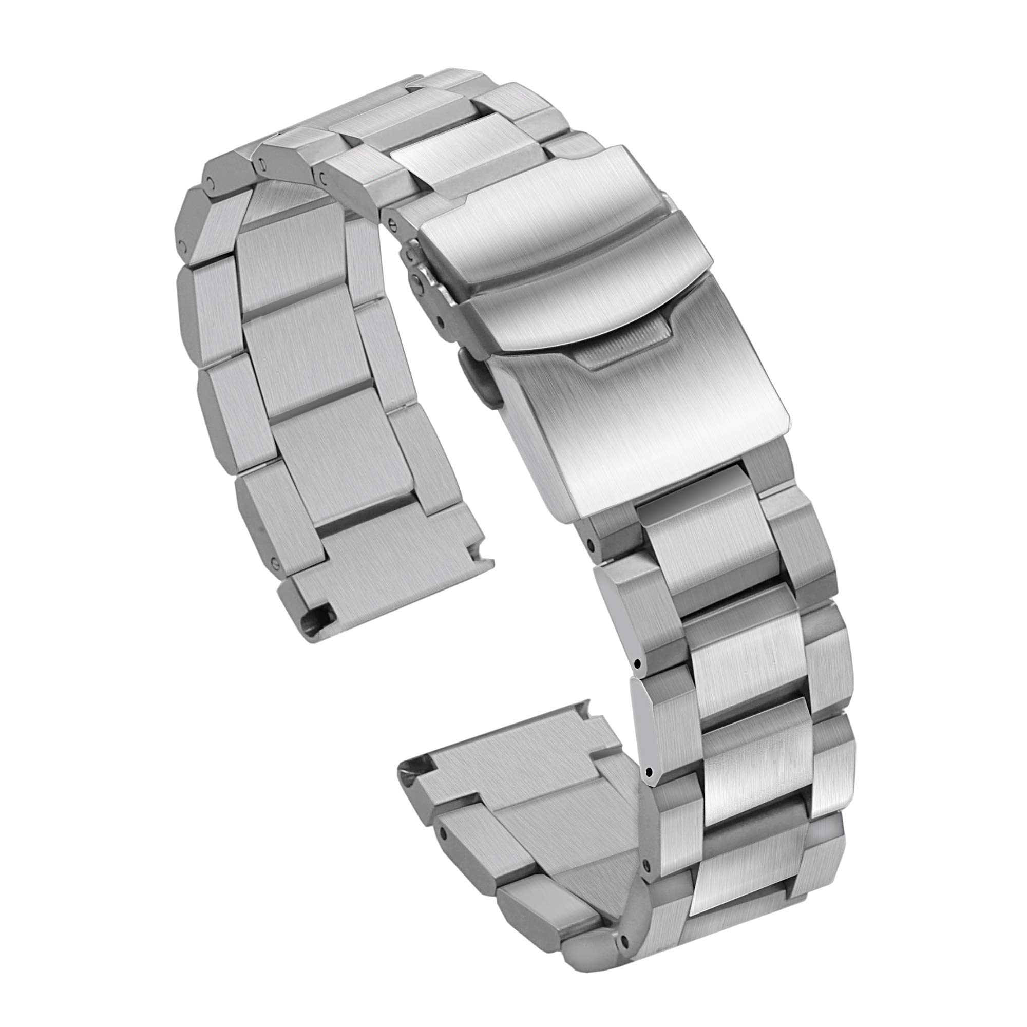 Hstrap Silver/Black Stainless Steel Watch Bands Brushed Finish Watch Strap 18mm/20mm/22mm/24mm Double Buckle Bracelet