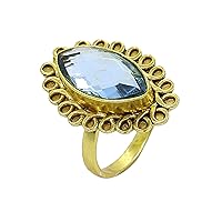 Gold Plated Brass 16X8 MM Marquise Checker Cut Sky Blue Topaz Gemstone Ring