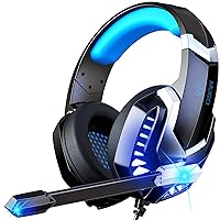 MuGo J30 Gaming Headset, Gaming Headphones Over Ear Headphones for PC Laptop Mac PS4 PS5 Xbox One, HD Stereo Surround Sound Noise Canceling Mic, Soft Memory Earmuffs, LED Light, 3.5mm Audio Jack, Blue
