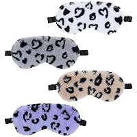 4 Pieces Leopard Print Plush Sleep Mask, Soft Furry Eye Cover, Night Blackout Blindfold Eyeshade with Elastic Strap & Satin Back for Shift Work Nap Travel Relaxing Yoga Party Woman Girls