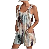 Women's Summer Plus Size Short Jumpsuits Vintage Print Rompers Sleeveless Wide Leg Beach Overalls with Pockets