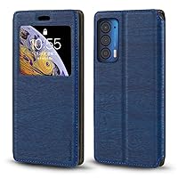 Motorola Edge 2021 Case, Wood Grain Leather Case with Card Holder and Window, Magnetic Flip Cover for Moto Edge 2021 North America (6.7inch) Blue