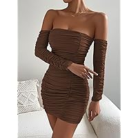 Summer Dresses for Women 2023 Off Shoulder Ruched Bodycon Dress (Color : Coffee Brown, Size : Medium)