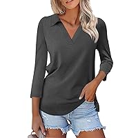 3/4 Sleeve Plus Size Fall T Shirts Ladies Beautiful Hike V Neck Polyester Tops Womens Fit Solid Color Softest Grey M