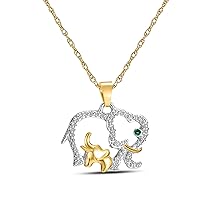 Emerald 14K Yellow Gold Plated Alloy Crystal Charm Mom & Baby Elephants Pendant Necklace