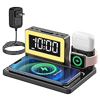 5 in 1 Charging Station for Multiple Devices Apple,Fast Wireless Charging Station with Alarm Clock,7 Color Night Light,iPhone Charging Stand for iPhone 15 14 13 12 11 Pro Max & Apple Watch (S9)