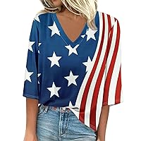 Womens 3/4 Sleeve Independence Day Printed Tops Casual 2024 Summer T Shirt V-Neck Blouse Casual Loose Comfy Shirts
