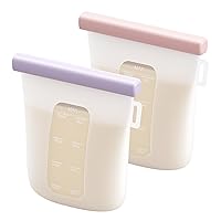 2 Pcs Silicone Breastmilk Storage Bags Reusable, 8oz/240ml Double Leak-Proof Breastmilk Freezer Bags, BPA Free Self-Standing Milk Bags for Breastfeeding, Baby Food Pouches