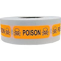 Fluorescent Orange with Black Poison Medical Healthcare Stickers, 0.5 x 1.5 Inches in Size, 500 Labels on a Roll
