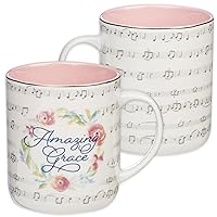 Christian Art Gifts Ceramic Coffee Mug 14 oz Inspirational Song and Hymn for Women: Amazing Grace - Hot and Cold Novelty Drinkware, Lead and Cadmium-free, Pastel Floral Pink and White