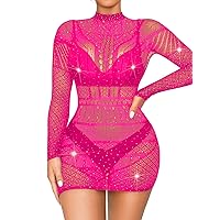 Kaei&Shi Fishnet Bodycon Mini Dress,Sparkly Rhinestone Rave Outfit,Mesh Sheer Club Outfits for Women Sexy Exotic Dancewear