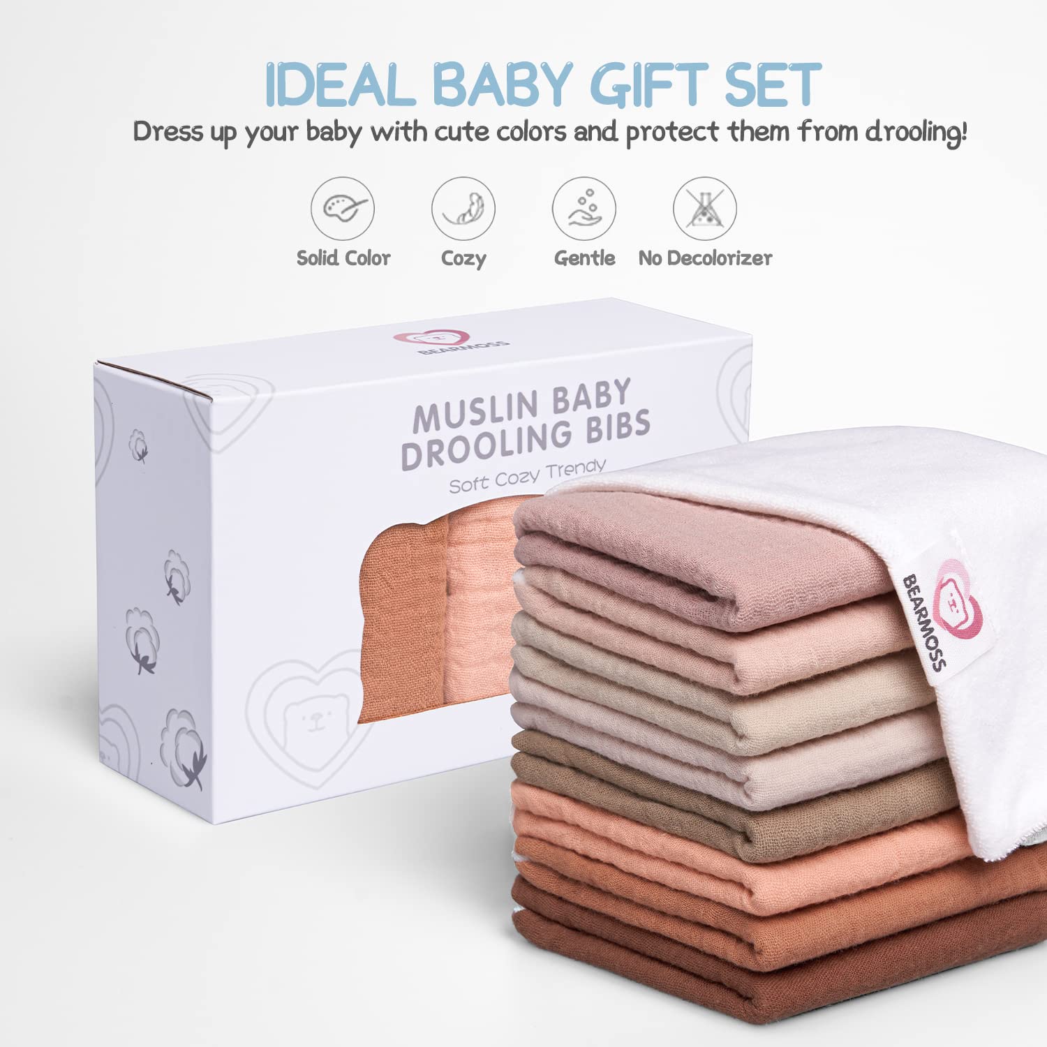 Bearmoss Muslin Baby Drooling Bibs 8 Pack, 100% Cotton Square Adjustable Bandana Bibs Gift for Baby Girls Boys Teething Drool (Coconut Mocha)