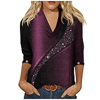 Women's Fashion Casual Three-Quarter Sleeve Printed Chinese Stand Collar V Neck Pullover 4/3 Top, S-3XL