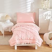 4 Pieces Pinch Pleated Toddler Bedding Set with Ruffle Fringe, Solid Color Pink Unisex Pintuck Toddler Sheet Sets for Baby Girls, Includes Comforter, Flat Sheet, Fitted Sheet and Pillowcase