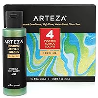 ARTEZA Iridescent Metallic Acrylic Paint Set of 4 Gem Tones 4 fl oz Bottles, High-Flow Pouring Paint for Canvas, Glass, Wood