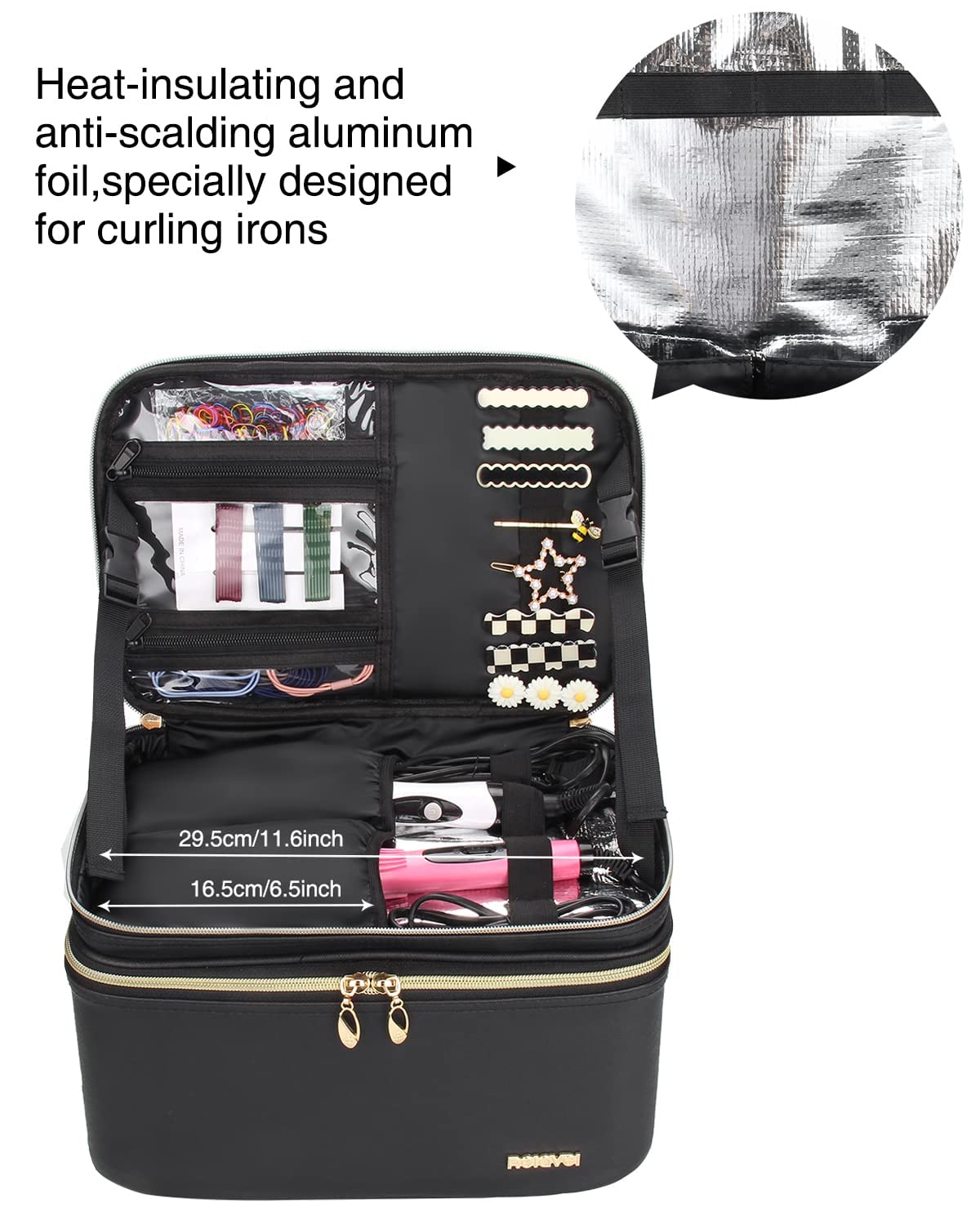 Relavel Makeup Bag Large, Professional Makeup Case Travel Cosmetic Bags Makeup Brush Holder Organizer, Storage Upright Design, Insulated Compartment, Waterproof PU Leather and Lining (Black)