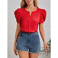 Womens Summer Tops Notched Neck Puff Sleeves Seam Front Blouse (Color : Red, Size : X-Small)