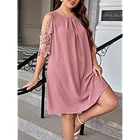 Plus Women's Dress Plus Contrast Guipure Lace Cold Shoulder Tunic Dress (Color : Dusty Pink, Size : 4X-Large)