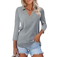 Women's 3/4 Sleeve T Shirts Summer V Neck Solid Color Casual Polo Shirts Collared Casual Basic Tees Blouse
