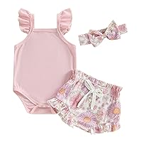 BHMAWSRT Infant Baby Girls 3Pcs Summer Outfits 0-18Months Floral Sleeveless Strap Romper Shorts Elastic Headband Set