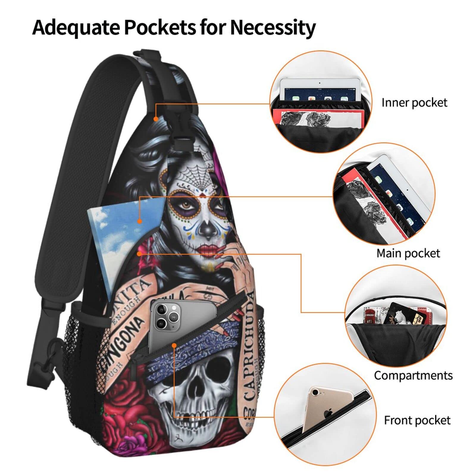 fosgzif Crossbody Bag Sling Shoulder Backpack for Men Women Skull Unisex Small Hiking Backpack Durable Hiking Daypack