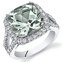 PEORA Green Amethyst Ring in Sterling Silver, Statement Halo Design, Cushion Cut, 4.75 Carats total, Comfort Fit, Sizes 5 to 9