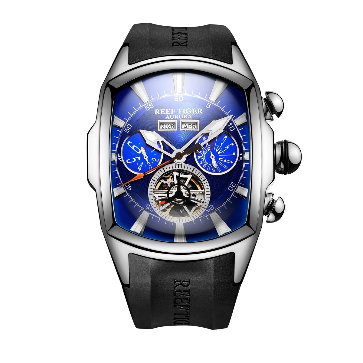 REEF TIGER Luminous Huge Big Sport Watch for Men Tourbillon Analog Automatic Watches Rubber Strap RGA3069