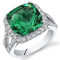 PEORA 6.50 Carats Simulated Emerald Ring for Women 925 Sterling Silver, 11mm Cushion Cut, Sizes 5 to 9