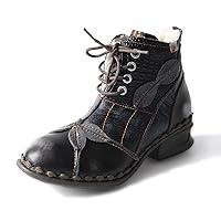 TMA EYES Textured Leather Patchwork Washed Leather Lace-Up Women's Ankle boots