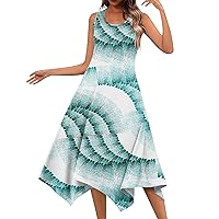 Summer Dresses for Women 2024 Sleeveless Irregular Hem Swing Dress Trendy Boho Floral Print Beach Vacation Sundresses