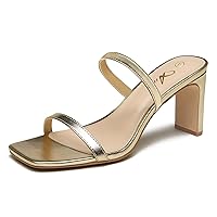 Athlefit Women's Square Open Toe Heeled Sandals Two Strap Slip On Backless Chunky Heels