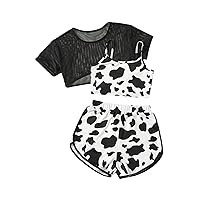 Milumia Girl's 3 Pieces Cow Print Cami Top and Shorts with Short Sleeve High Low Crop Tee