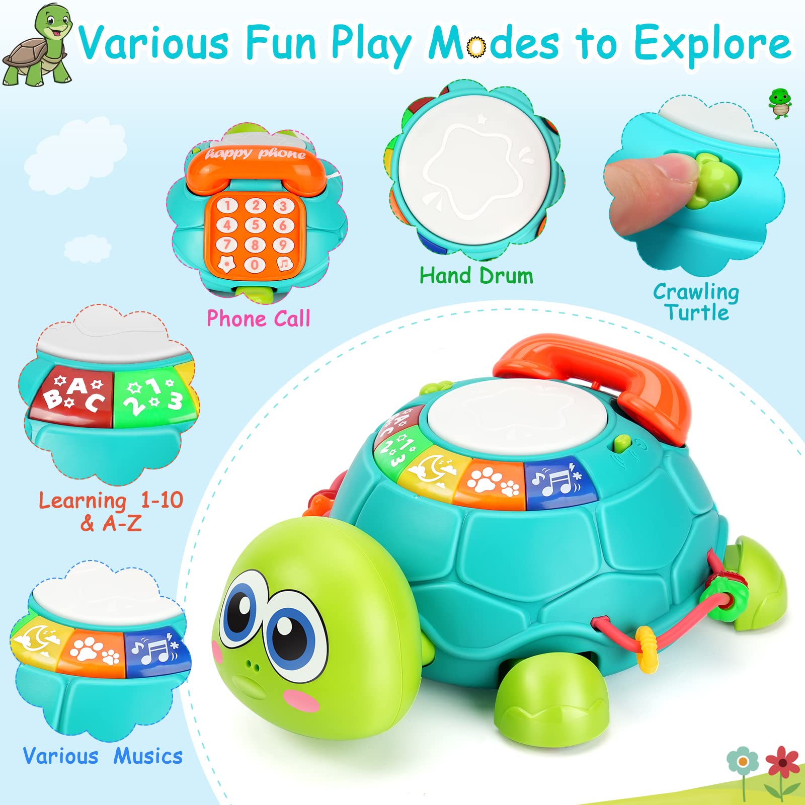 HumorPlay Musical Turtle Baby Toys 6 to 12 Months, Infant Light up Music Toy Tummy Time Development, Crawling Toy for 7 8 9 10+ Month Old, Easter Christmas for Babies 3 4 5 6 12-18 Month Boy Girl