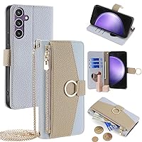 Crossbody Flip Wallet Phone Case Cover for Galaxy S23 FE 5G for Women with Card Holder Kickstand PU Leather Wrist Shoulder Strap Compatible with Samsung Galaxy S23 FE 5G Blue