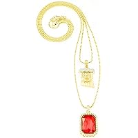 Ruby Red Square Stone and Jesus 2 Pendant Set with Box Link Necklaces