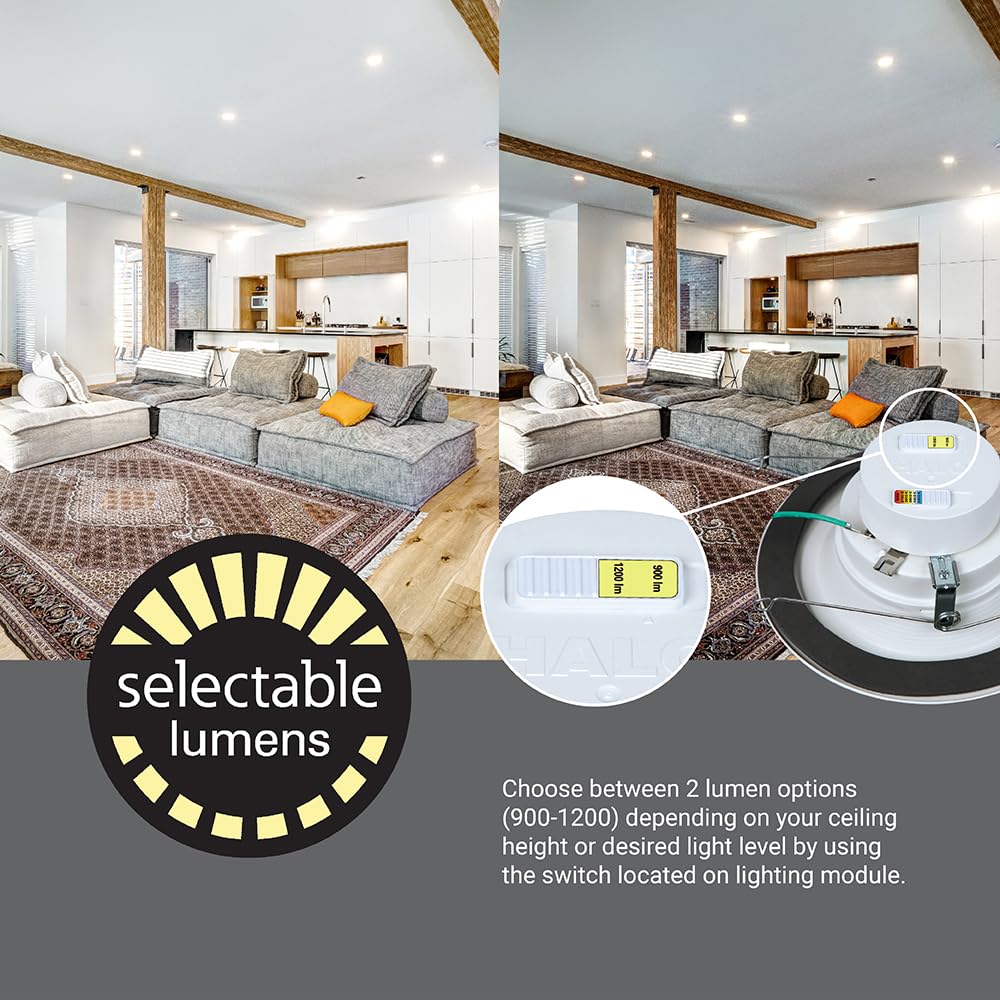 HALO RL Series 5/6 inch Recessed LED Light – Retrofit Ceiling & Shower Downlight, Selectable CCT and Selectable Lumens, Dim to Warm, Matte White Retrofit Baffle Trim, 900/1200 Lumens
