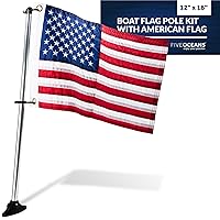 Five Oceans Pontoon Flag Pole Socket with Flag, Boat Flag Pole Kit, American Flag for Boat, U.S. 50 Star Sewn Boat Flag 12