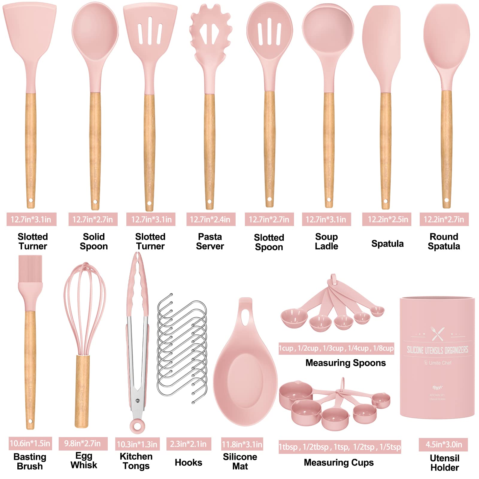 Kitchen Cooking Utensils Set, Umite Chef 33 pcs Non-stick Silicone Cooking Spatula  Set with Holder, Wooden Handle Silicone Kitchen Gadgets Utensil Set (Pink)  - Yahoo Shopping
