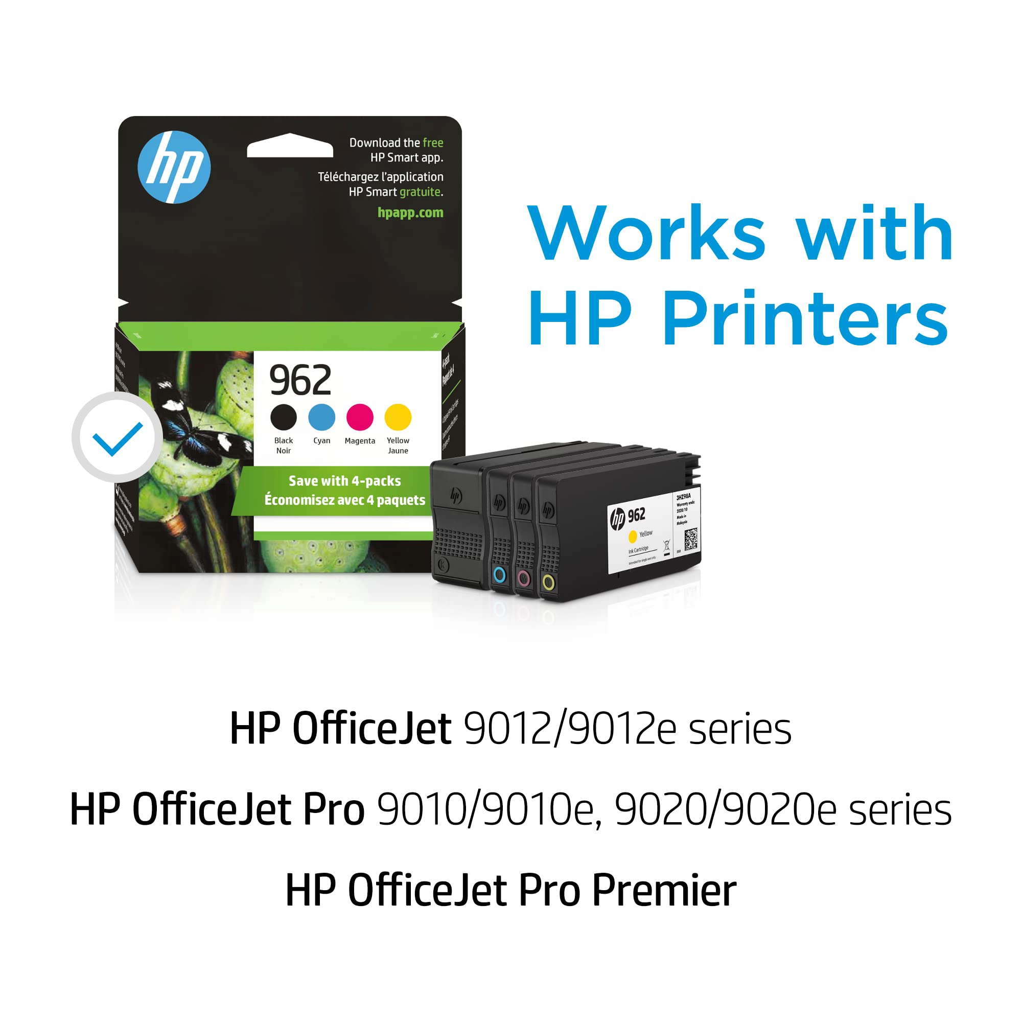 HP Original 962 Black, Cyan, Magenta, Yellow Ink Cartridges (4-pack) | Works with OfficeJet 9010 Series, OfficeJet Pro 9010, 9020 Series | Eligible for Instant Ink | 3YQ25AN