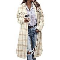 CHICZONE Womens Casual Lapel Button Down Long Plaid Shirt Flannel Shacket Jacket Tartan Trench Coat Beige Plus Size 3XL