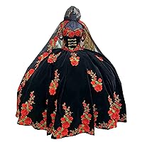 Floral Flower Embroidered Mexican Style Black Quinceanera Prom Dresses Ball Gown Off The Shoulder Velvet