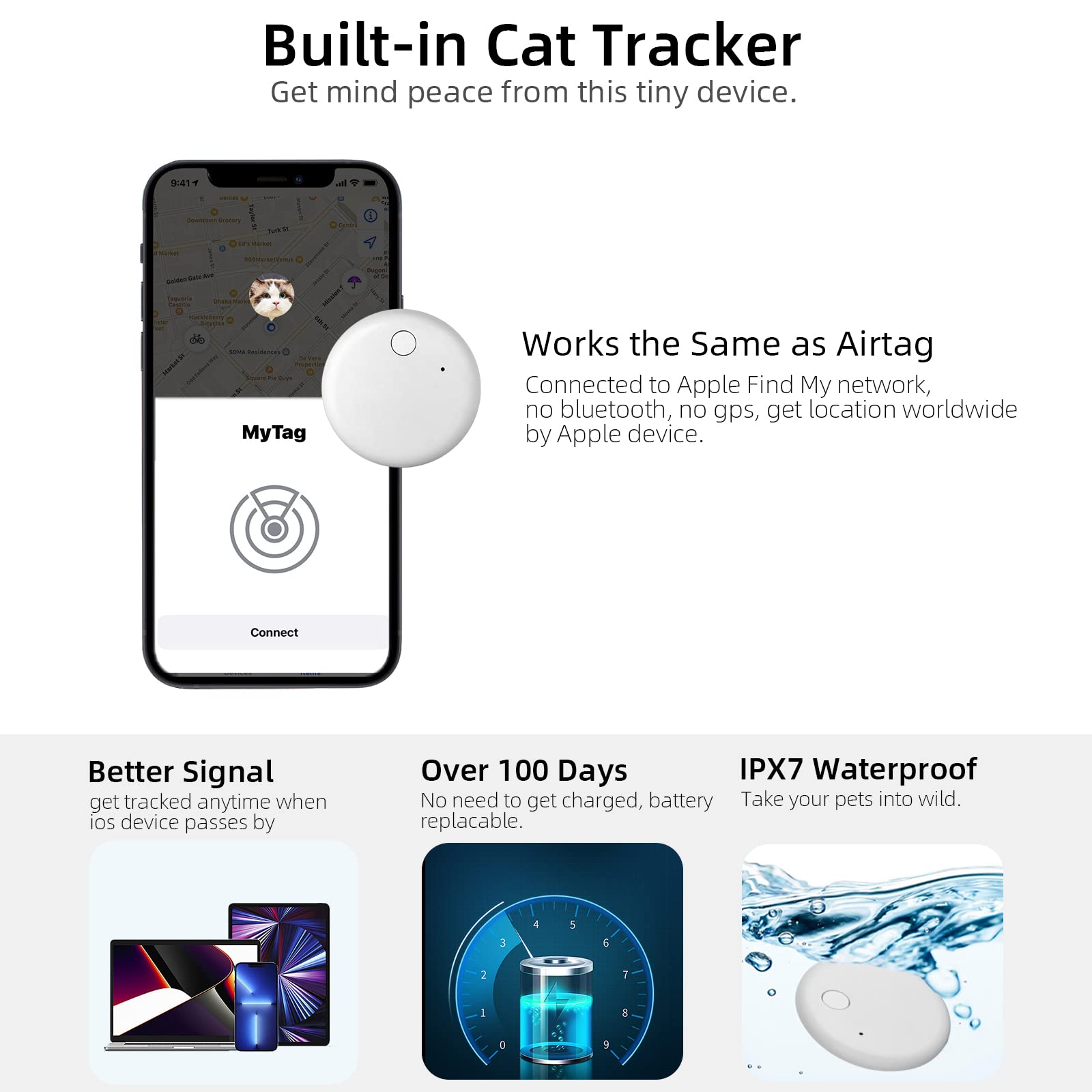 SimpleThings Pet Tracker for Cats, Reflective Cat Collar with Tracking Device Compatible with Apple Airtag Find My Network (iOS Only), Real-Time Location and No Subscription Fee Needed