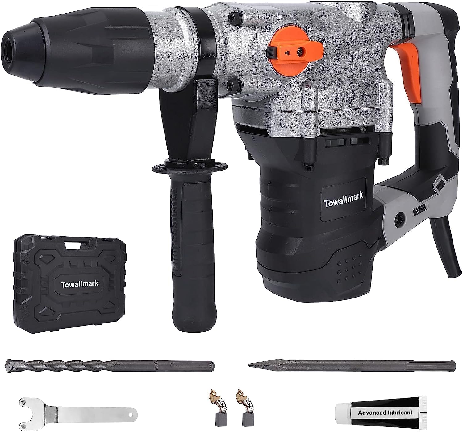 Towallmark1-9/16Inch Heavy Duty Rotary Hammer Drill, 360°Adjustable Rotary Hammer Safety Clutch 3 Functions with Vibration Control 13 Amp Rotary Hammer Chisels and Drill Bits with Case