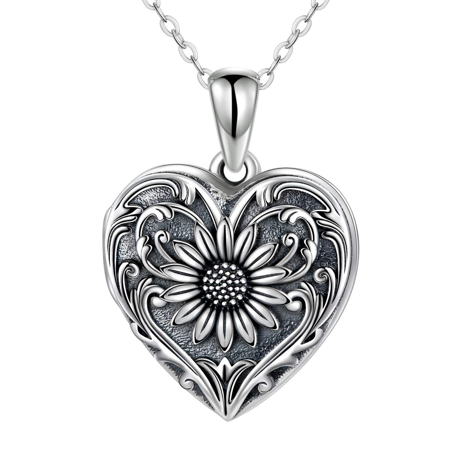 SOULMEET Sunflower Heart Shaped Locket Necklace That Holds Pictures Photo Keep Someone Near to You Sterling Silver/Gold Custom Jewelry Personalized Locket Necklace