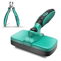 Ruff 'N Ruffus Self-Cleaning Slicker Brush With NO- PAIN Bristles Gently Removes Loose Undercoat & Tangled Hair For Cats & Dogs Reduces Shedding by 95% +Pet Nail Clipper