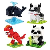 Mini Building Blocks Sets Animals Toys for Kids 4 Packs, Micro Mini Blocks Bricks Kit Dinosaur Whale Panda Bulldog for Party Favors, Birthday Gifts, Mini Toys Building Sets for Boys, Girls