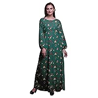 Bimba Polyester Georgette Leaves & Clematis Floral Printed Women's Long Sleeve Maxi Dress Elastic Waist Gown-XXX-Large