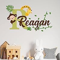 Personalized Monkey & Giraffe Wall Stickers for Baby Girl or Boy I Custom Name & Initial for Nursery Wall Decor I Multiple Sizes and Colors Options (Wide 32
