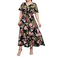 GORBAST Women's Plus Size Dress Maxi Dress Floral Print Bohemian Party Chiffon Elegant Summer Long Dress with Short Sleeve[3XL]