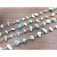 LKBEADS 36 inch long gem blue opal 3-5mm uncut chips shape smooth cut beads wire wrapped gold plated rosary chain for jewelry making/DIY jewelry crafts #Code - ROS-0150